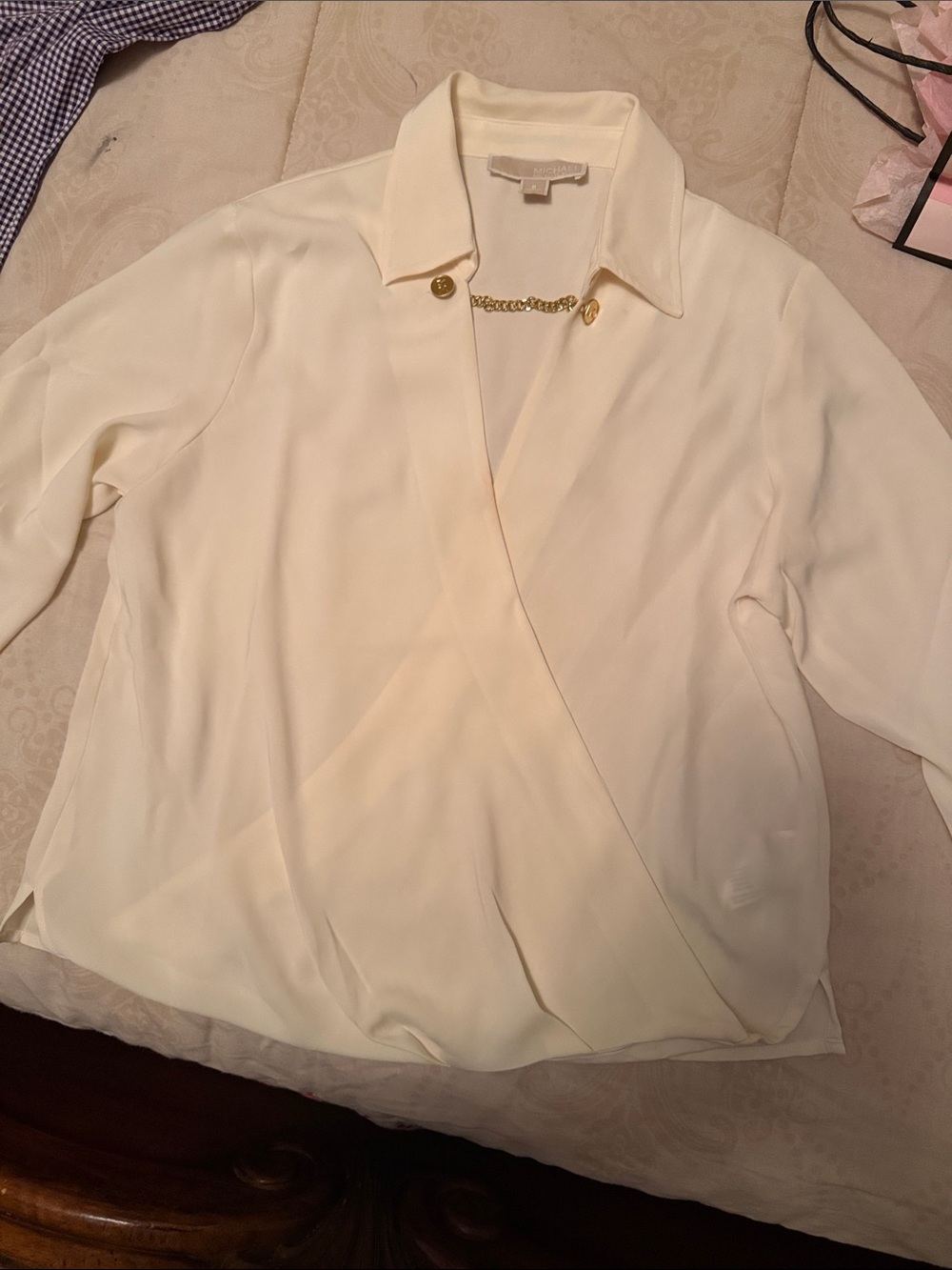 MICHAEL Michael Kors Cream Wrap Blouse with Gold Chain Accent